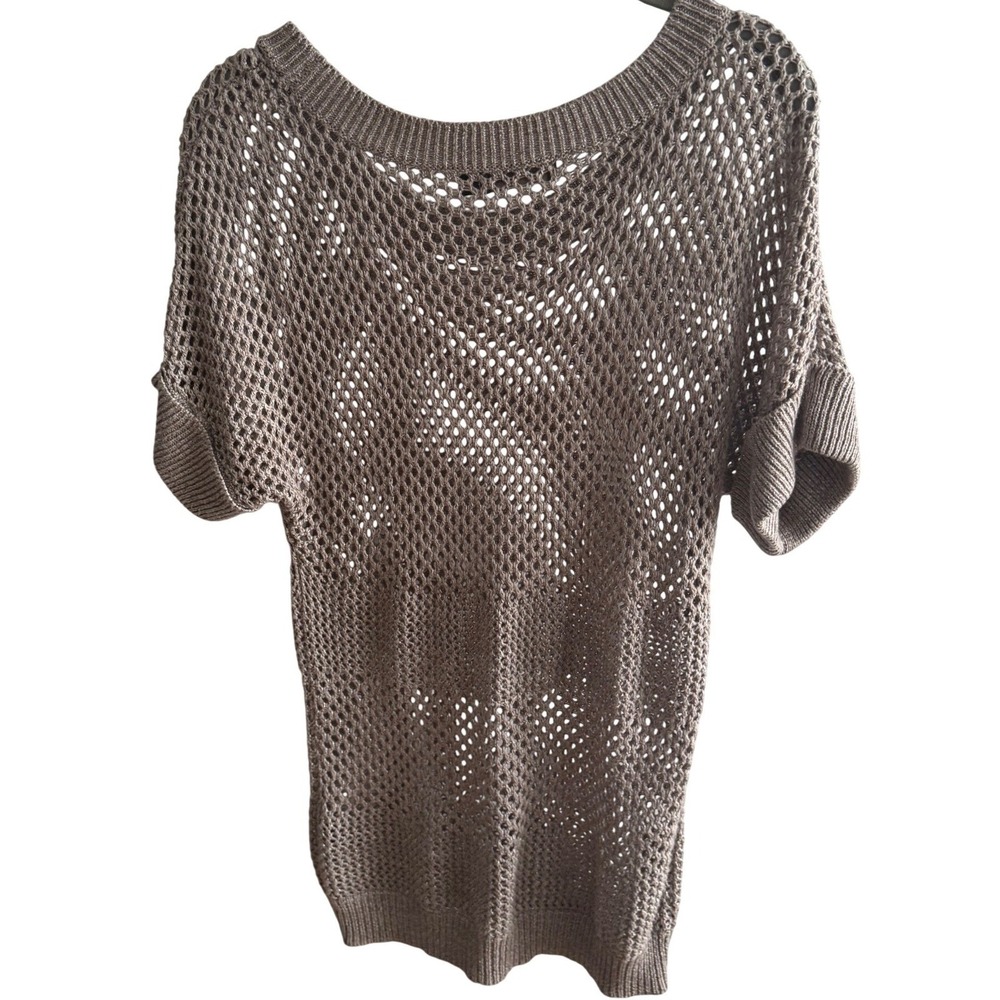 Womens Open‎ Knit Short Sleeve Sweater Taupe Metallic Mesh Coastal Chic Size S - Picture 6 of 6